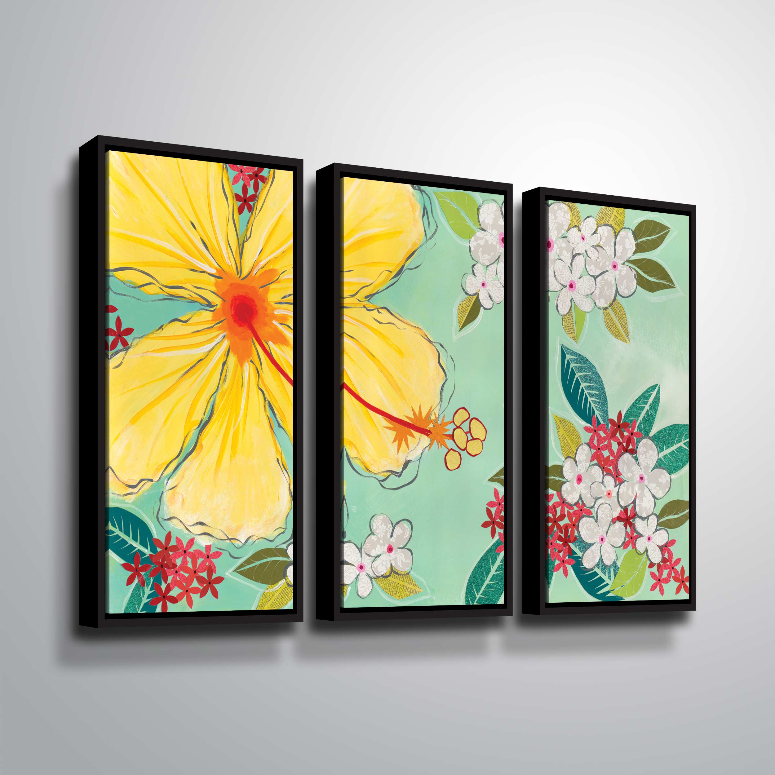ArtWall Tropical Flower, 3 Piece Floater Framed Canvas Set by